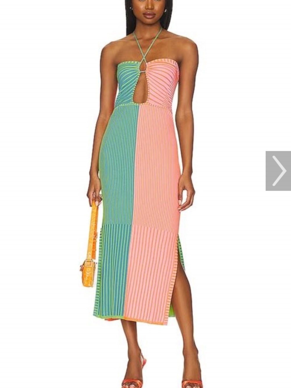 Solid and Striped Lisa Colorblock Cutout Strapless Midi Dress in Green and Pink
